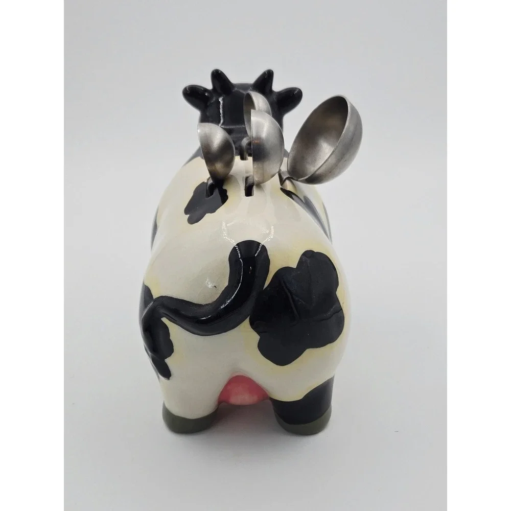 Vtg Ceramic Cow Measuring Spoon Holder with 4 Stainless Steel Spoons Black White